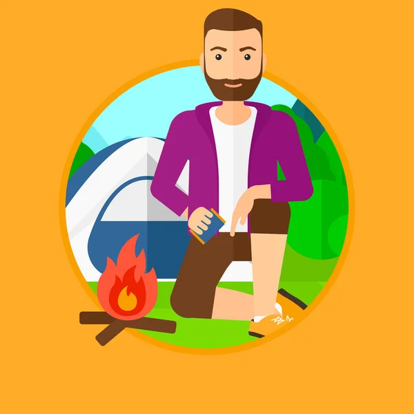 Man kindling campfire. — Stock Vector
