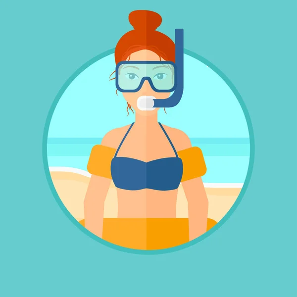 Žena s vybavení na šnorchlování na pláži. — Stockový vektor