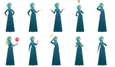 Müslüman hamile kadın vektör çizimler ayarla.