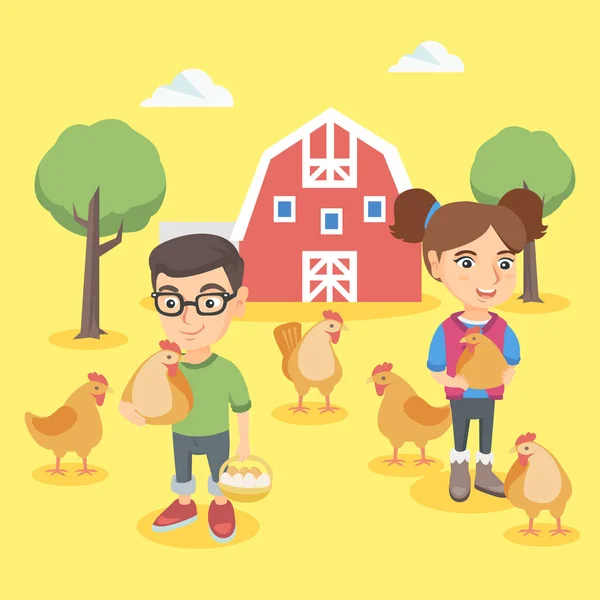 Caucasian boy and girl holding chickens and eggs. — Stock Vector