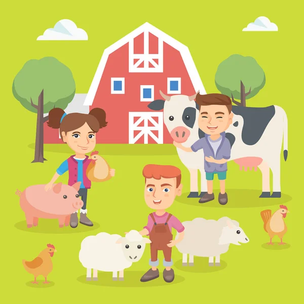 Caucasian children playing with farm animals. — Stock Vector