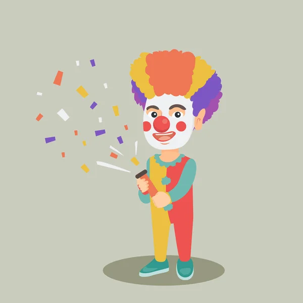 Clown ragazzo tiro un partito popper coriandoli . — Vettoriale Stock