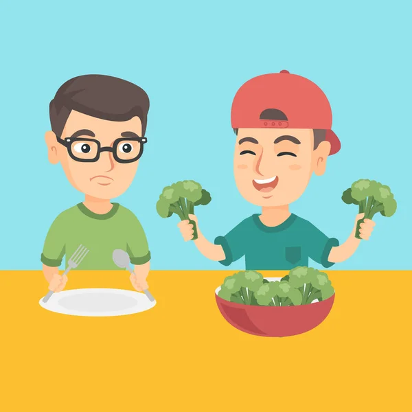 Two caucasian boys eating broccoli. — Stock Vector