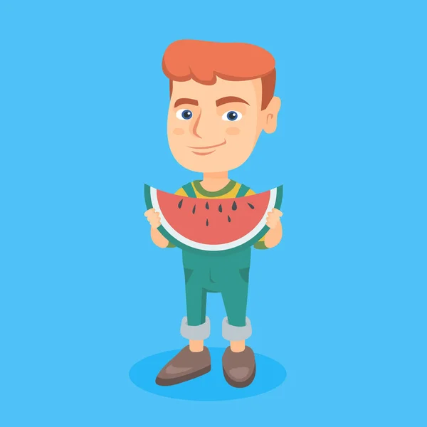 Kaukasiska pojke äta läcker vattenmelon. — Stock vektor