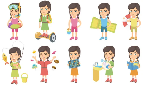 Little caucasian girl vector illustrations set. — Stock Vector