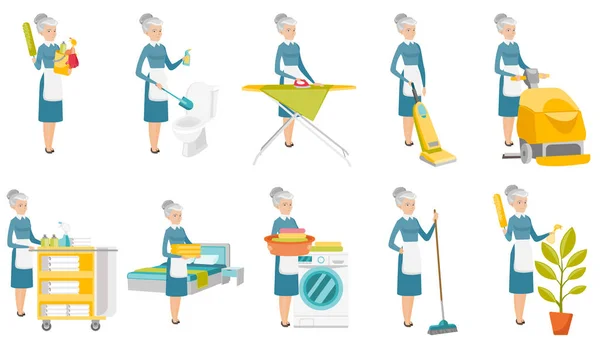 Senior caucasian cleaner vector illustrations set. — Stock Vector