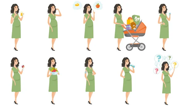 Caucásico embarazada mujer vector ilustraciones conjunto . — Vector de stock