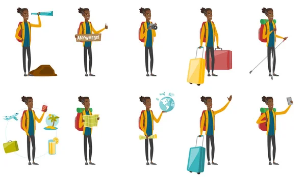 Set di illustrazioni vettoriali per giovani viaggiatori africani . — Vettoriale Stock