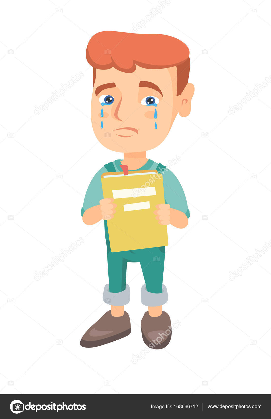 Caucasian upset boy with book shedding Stock Vector by