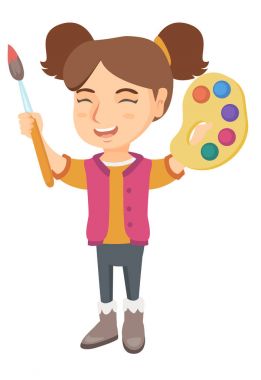 Mutlu kız renkli boya ve fırça ile çizim.