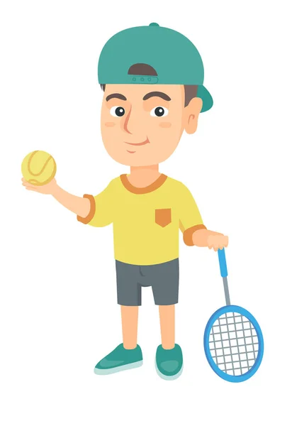 Jugador de tenis caucásico sosteniendo raqueta y pelota . — Vector de stock