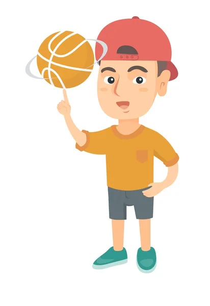 Caucásico chico spinning baloncesto bola en dedo . — Vector de stock