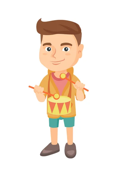 Cheerful caucasian boy playing the drum — Stock Vector
