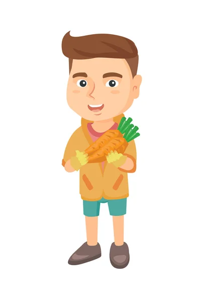 Caucasian boy holding fresh carrot. — Stock Vector