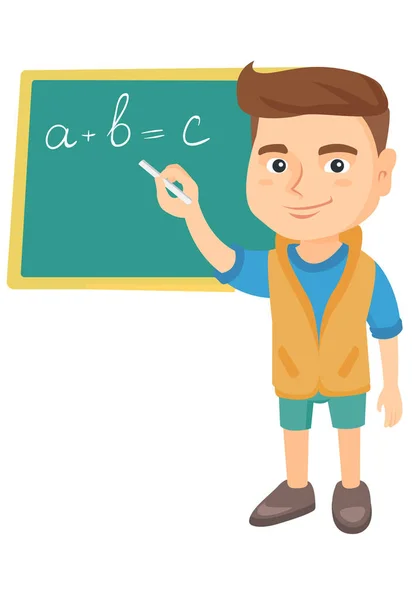 Caucasian schoolboy writing on the blackboard. — Stock Vector