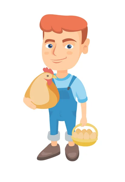 Caucasian boy holding a chicken and hen eggs. — Stock Vector