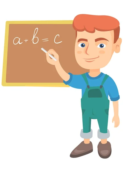 Caucasian schoolboy writing on the blackboard. — Stock Vector