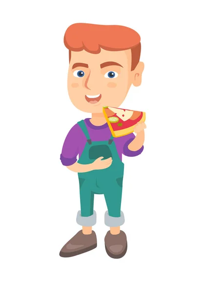 Caucasian boy eating tasty pizza. — Stock Vector