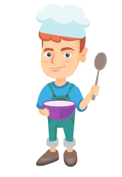 Caucasian boy holding a saucepan and a spoon. — Stock Vector