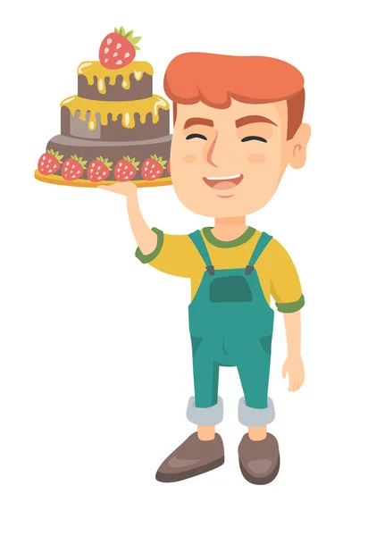 Little caucasian boy holding a chocolate cake. — Stock Vector