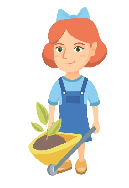 Κορίτσι που πιέζει το ΚΑΡΟΤΣΙ με χώμα και φυτών. — Διανυσματικό Αρχείο