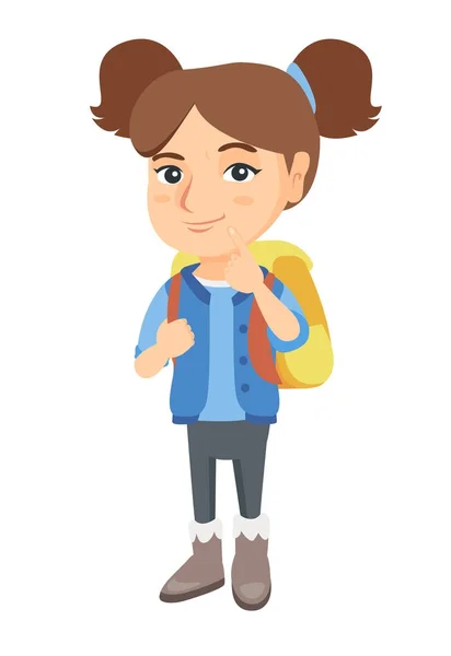 Caucasian little girl with school bag thinking. — Stock Vector