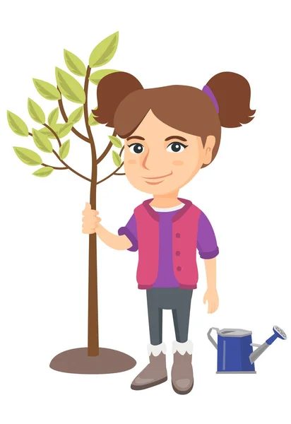 Caucasian smiling girl planting a tree. — Stock Vector