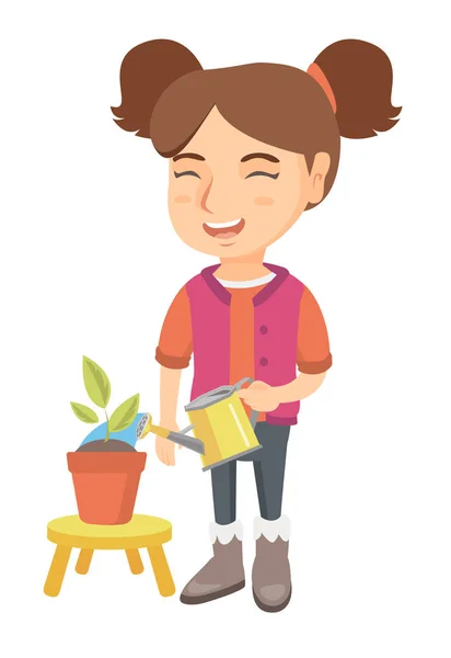 Caucasian girl watering plant with a watering can. — Stock Vector