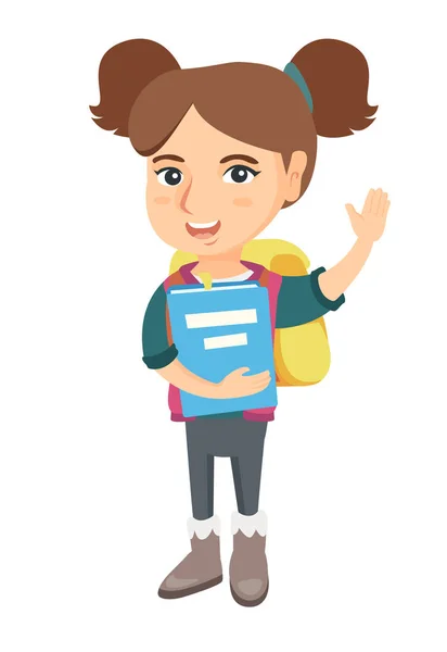 Écolière tenant un livre et agitant la main . — Image vectorielle