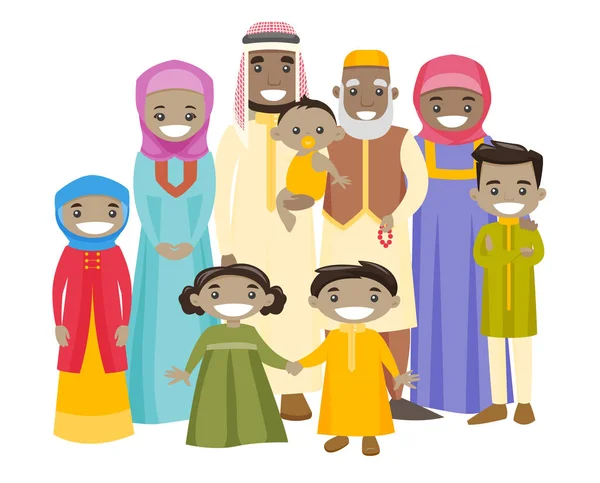 Familia musulmana extendida feliz con sonrisa alegre . — Vector de stock