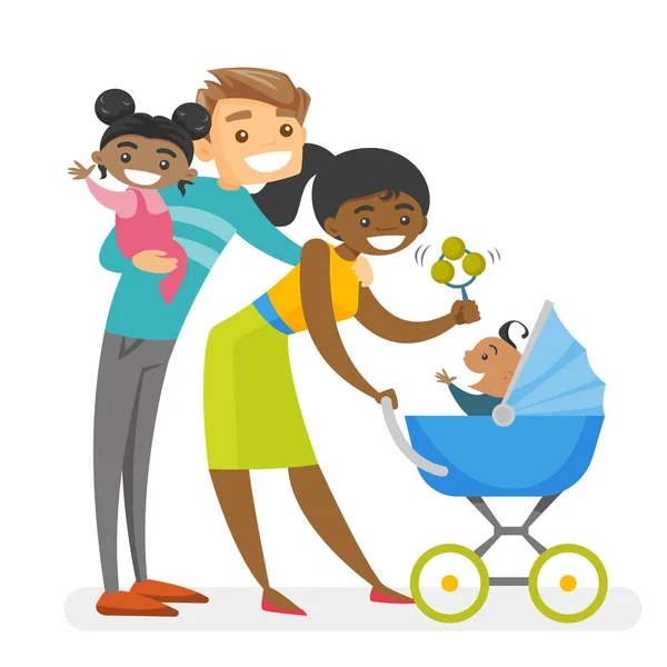 Familia multirracial diversa feliz con niños mulatos . — Vector de stock