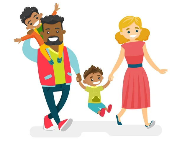 Glad multiracial familj promenader och ha roligt. — Stock vektor