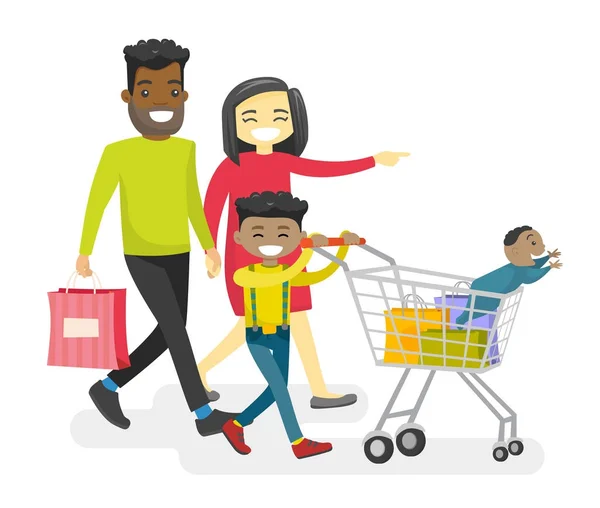 Happy multiracial family with biracial kids shopping. — Stock Vector