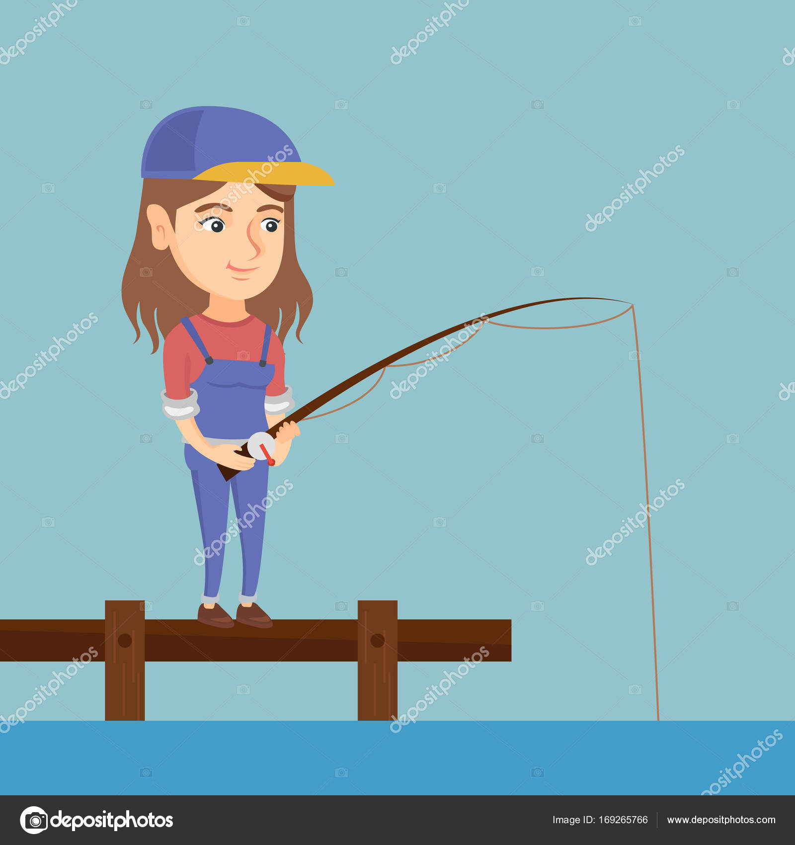 Wanita muda kaukasia memancing di dermaga . Vektor Stok oleh