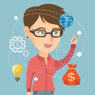 Beyaz kadın sanal bir ekranda yazma.