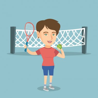 Beyaz tenis oyuncu raket ve top.