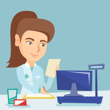 Genç Beyaz eczacı yazma reçete.