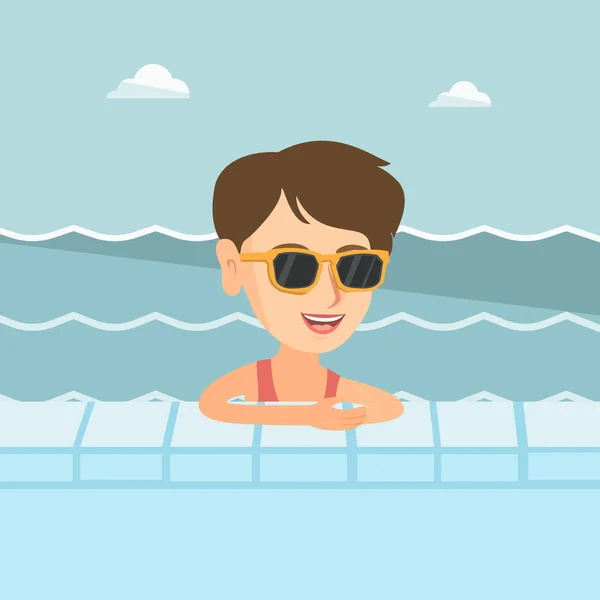 Mujer joven caucásica relajándose en la piscina . — Vector de stock