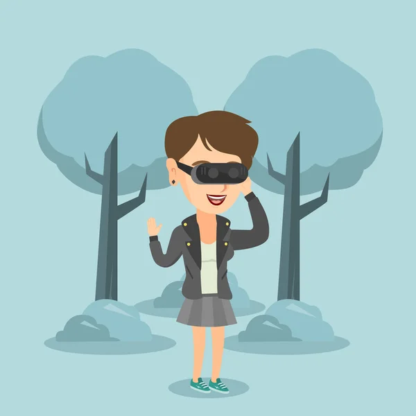 Donna che indossa cuffie realtà virtuale nel parco . — Vettoriale Stock