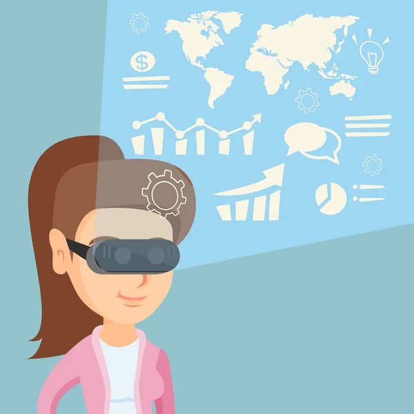 Jeune femme en vr casque d'analyse de données virtuelles . — Image vectorielle