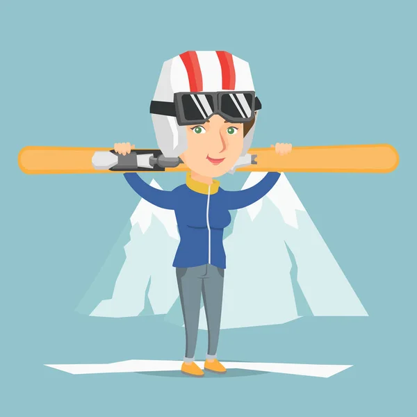 Joven deportista caucásica sosteniendo esquís . — Archivo Imágenes Vectoriales