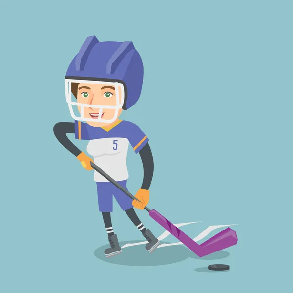 Young caucasian ice hockey player with a stick. — Stock Vector