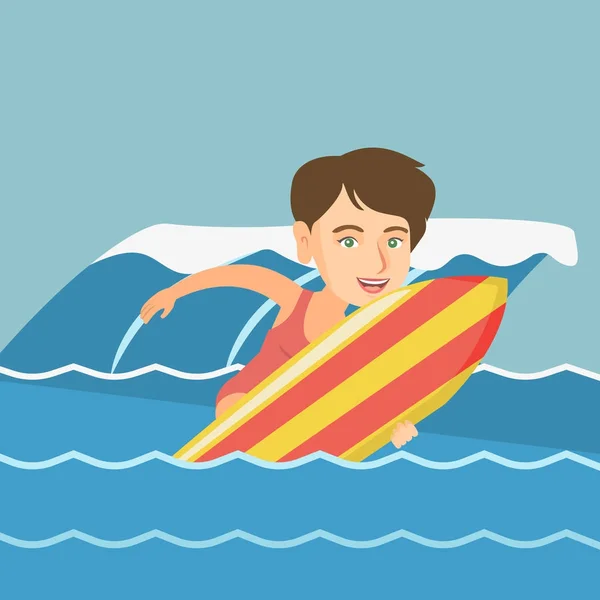 Joven surfista caucásico en acción sobre una tabla de surf . — Vector de stock