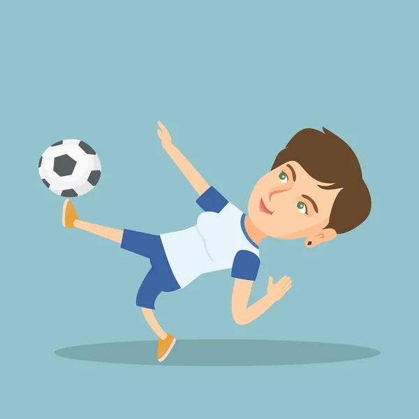 Jovem jogador de futebol caucasiano chutando uma bola . — Vetor de Stock
