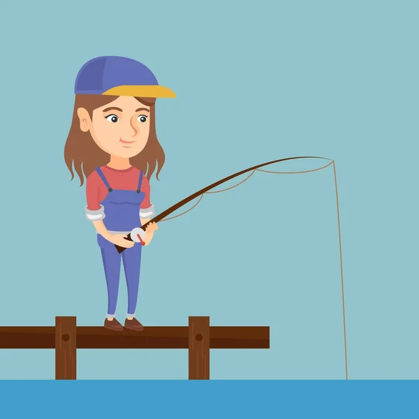 Young caucasian woman fishing on jetty. — Stock Vector