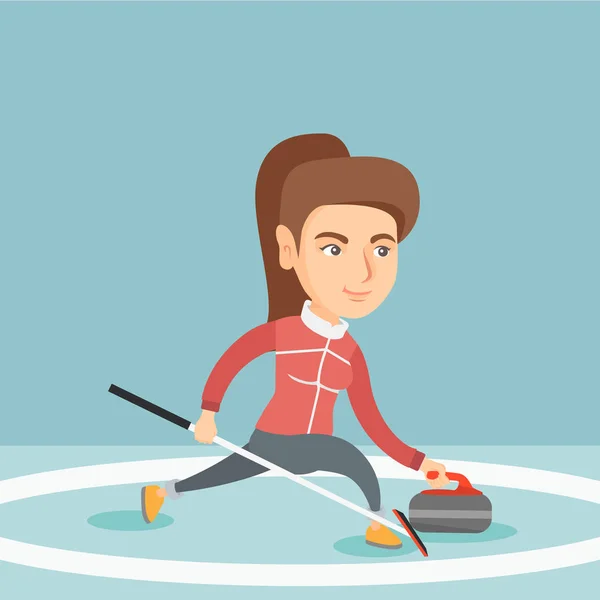 Desportista jogando curling em uma pista de patinação . — Vetor de Stock