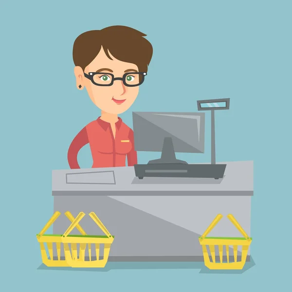 Cashier standing at the checkout in a supermarket. — Stock Vector