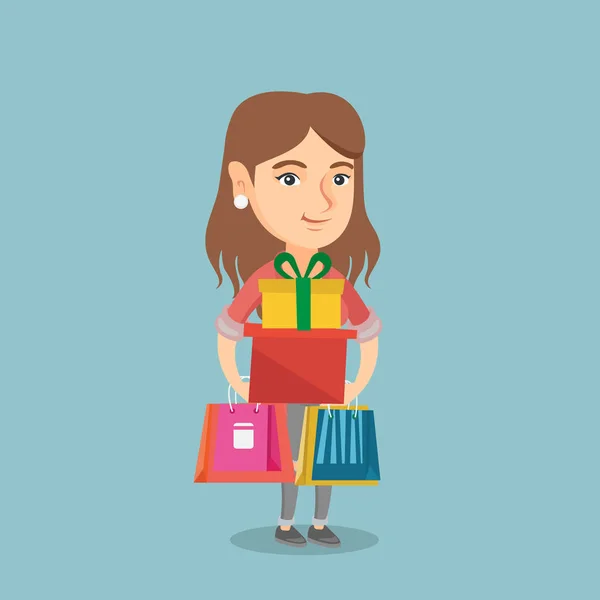 Junge Frau mit Einkaufstaschen und Geschenkboxen. — Stockvektor