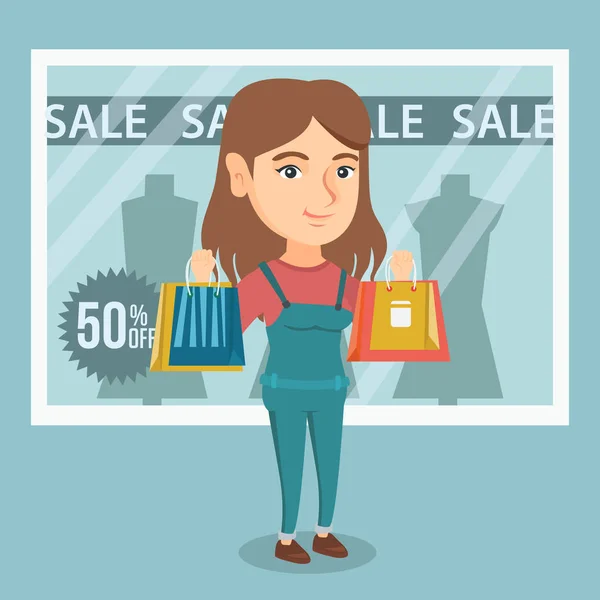 Νεαρή γυναίκα Καυκάσιος Ψώνια για την πώληση. — Διανυσματικό Αρχείο