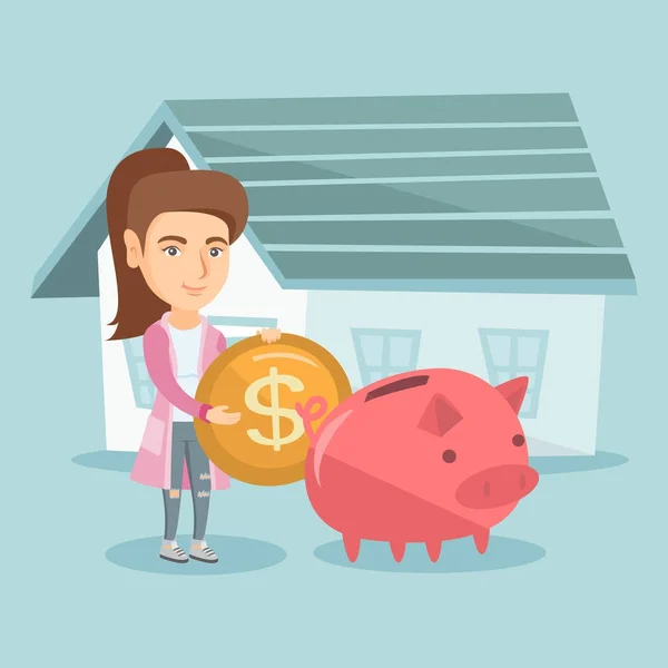 Vrouw, geld te besparen in piggy bank voor het kopen van huis. — Stockvector